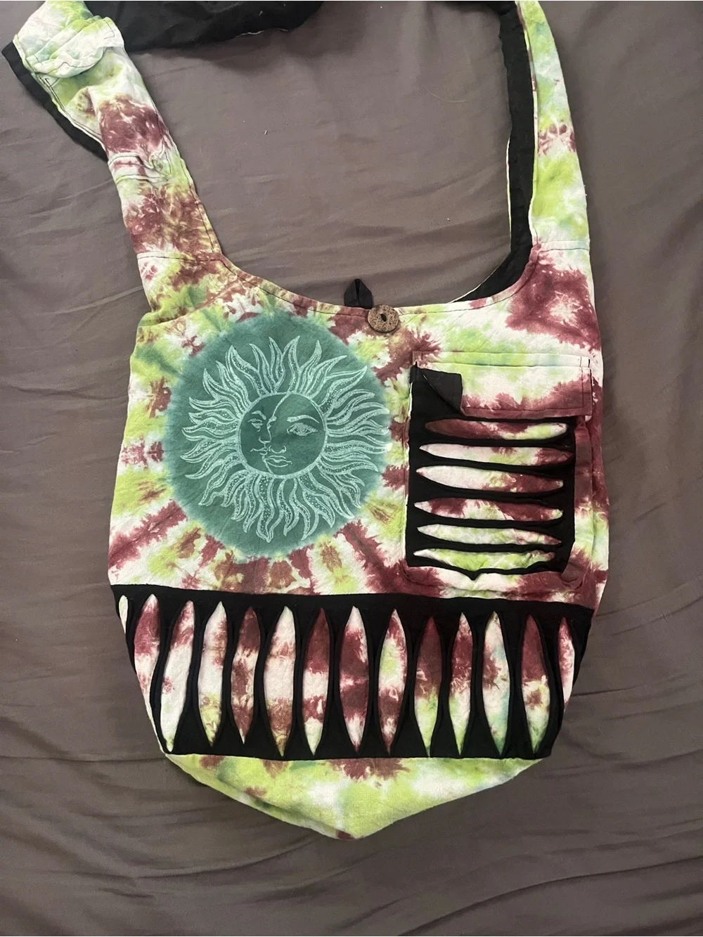 Tie dye colorful hippie bag with sun